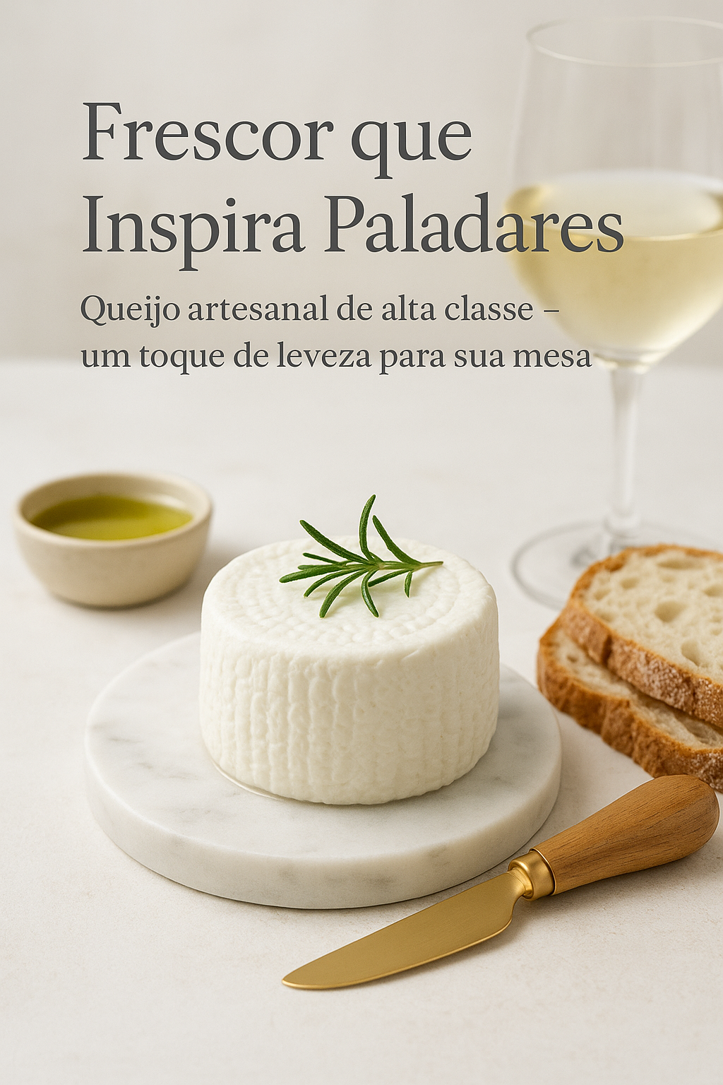 Queijo fresco artesanal sobre tábua de mármore com ramo de alecrim por cima, ao lado de pão rústico, azeite e taça de vinho branco.