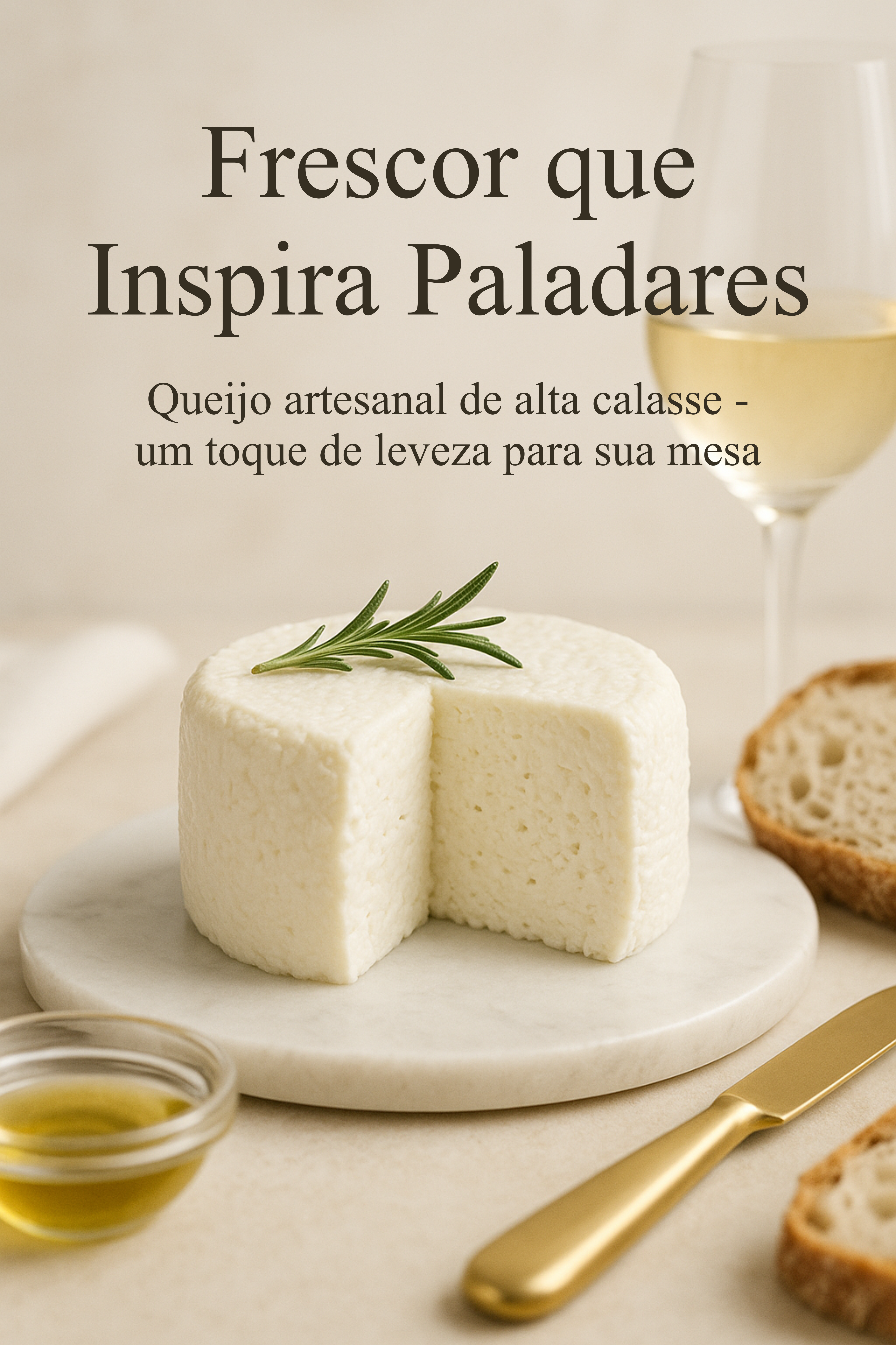 Queijo fresco artesanal cortado ao meio sobre tábua de mármore com ramo de alecrim por cima, ao lado de pão rústico, azeite e taça de vinho branco.