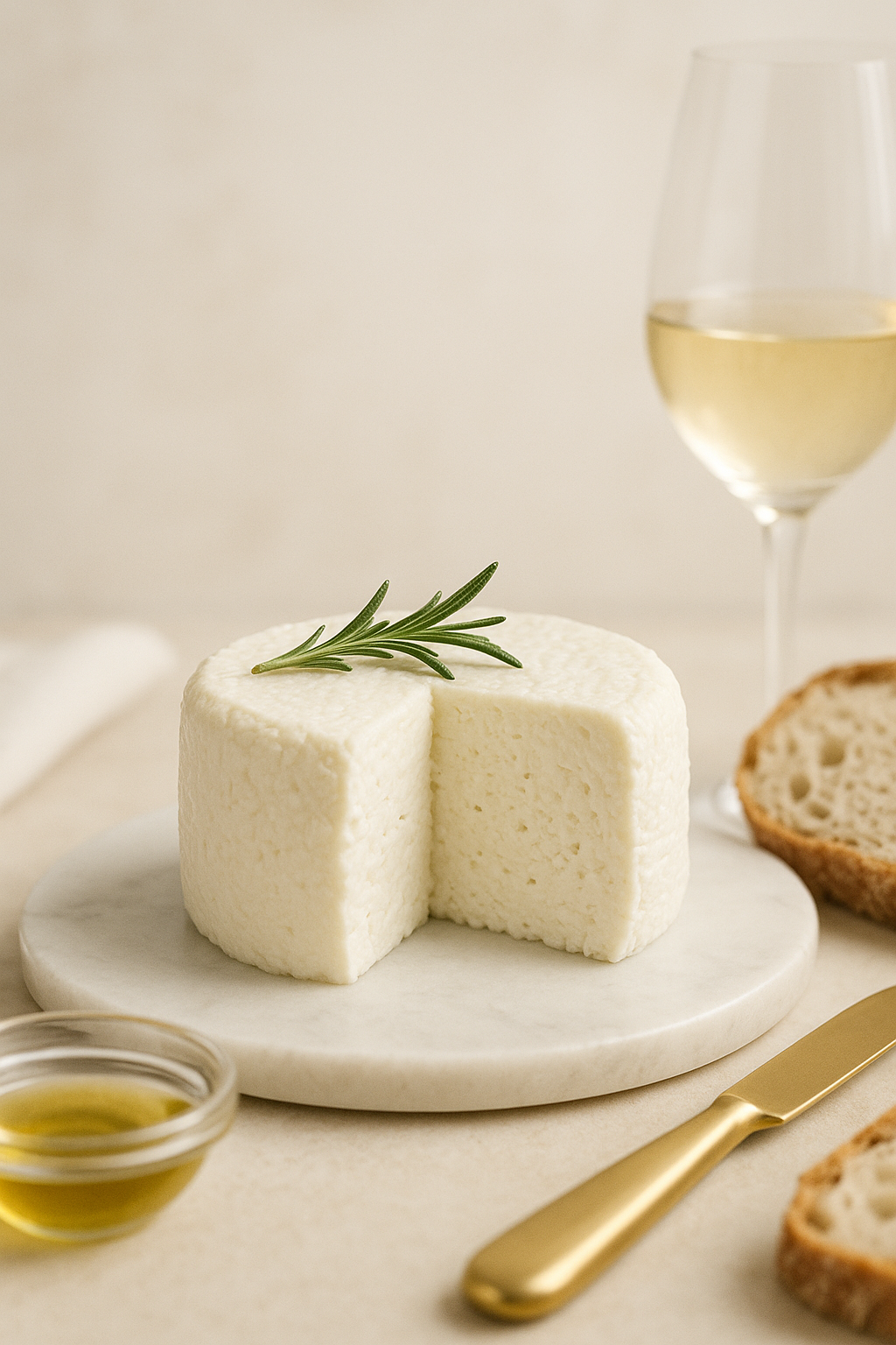 Queijo fresco artesanal cortado ao meio sobre tábua de mármore com ramo de alecrim por cima, ao lado de pão rústico, azeite e taça de vinho branco.