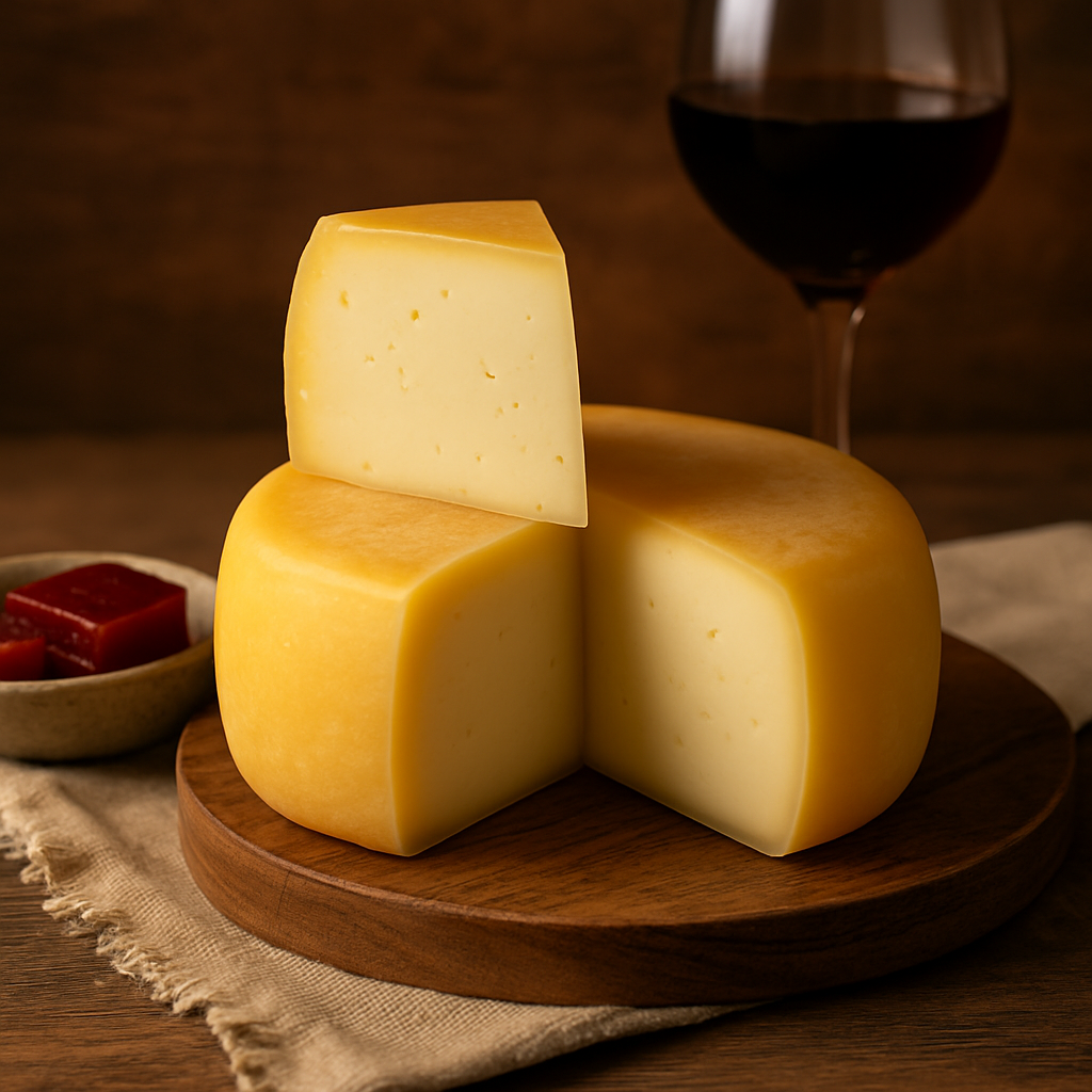Pedaço de queijo meia cura cortado ao lado de frutas frescas e taça de vinho tinto sobre uma tábua rústica.