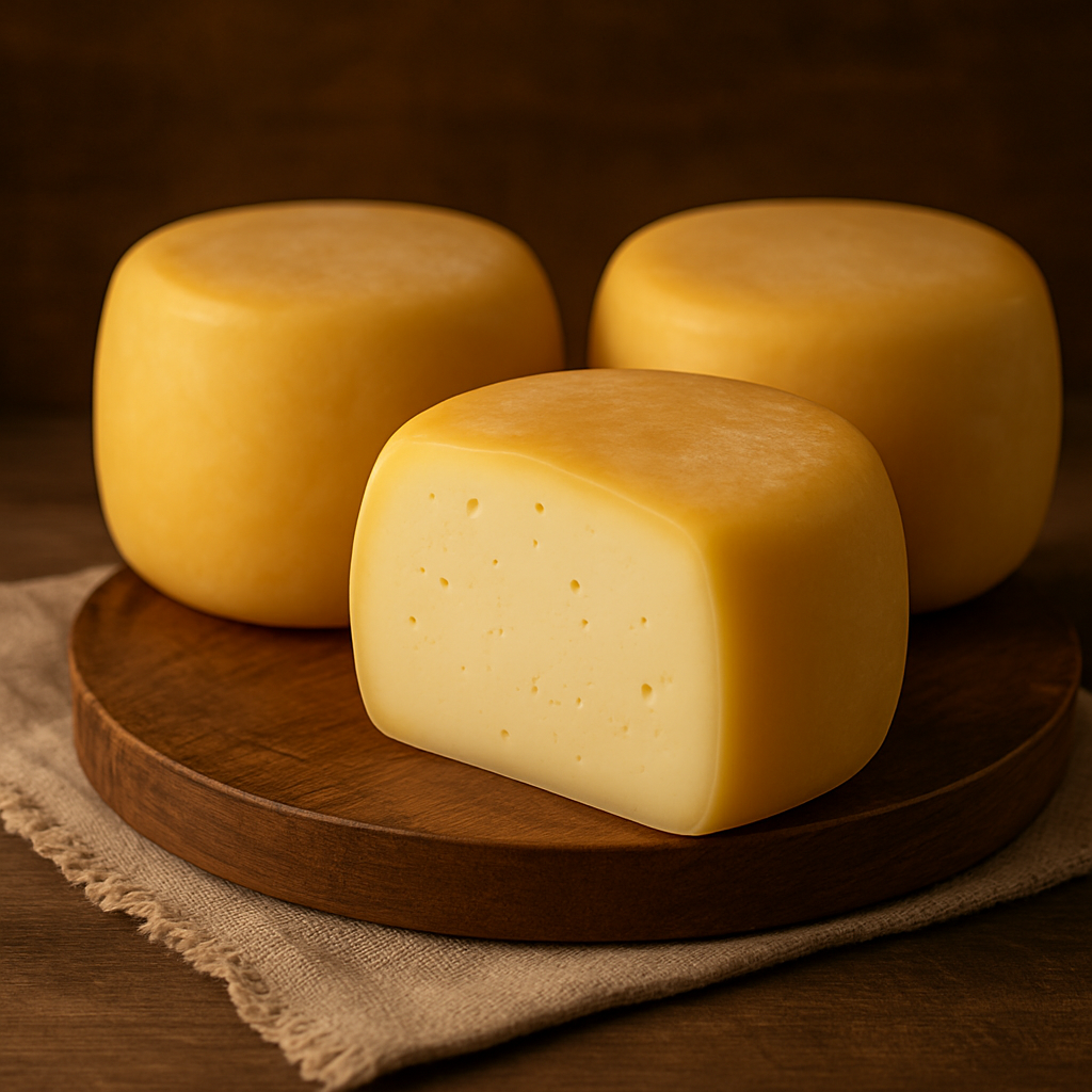 Três queijos meia cura, sendo um cortado sobre uma tábua rústica.