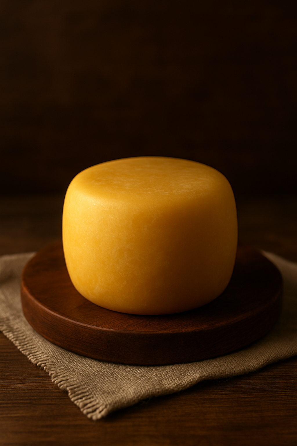 Queijo meia cura sobre uma tábua rústica.