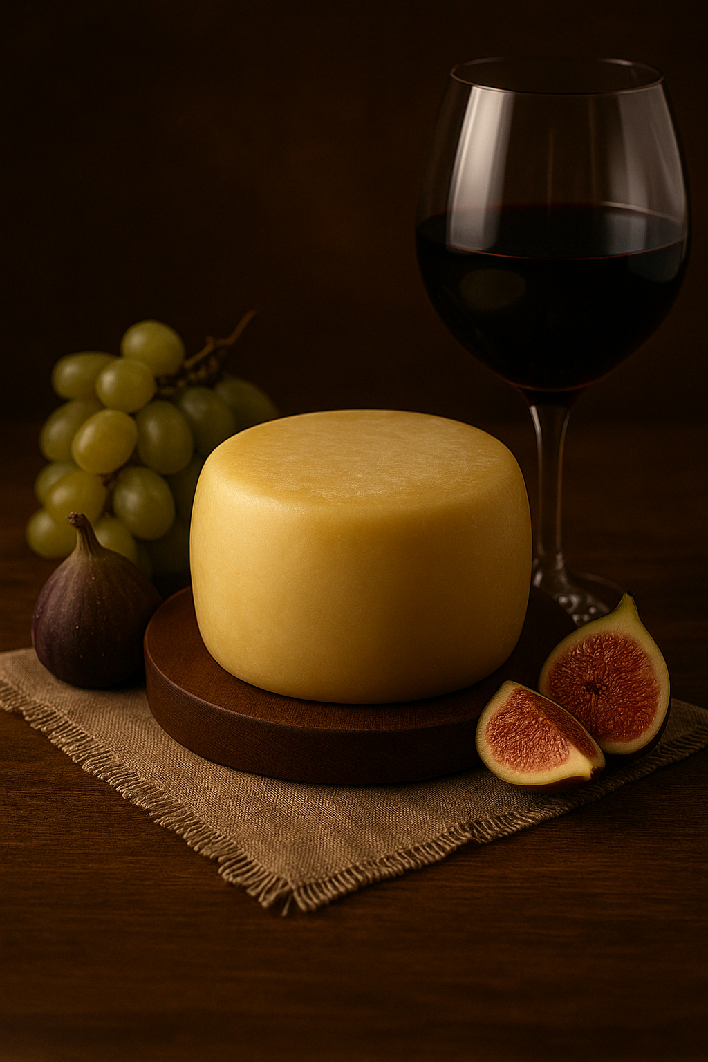 Pedaço de queijo meia cura cortado ao lado de frutas frescas e taça de vinho tinto sobre uma tábua rústica.