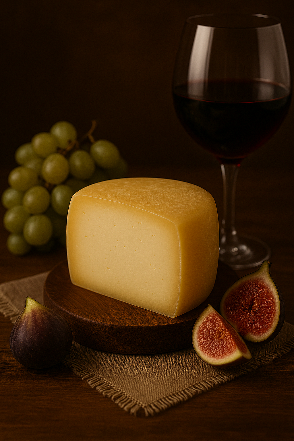 Pedaço de queijo meia cura cortado ao lado de frutas frescas e taça de vinho tinto sobre uma tábua rústica.